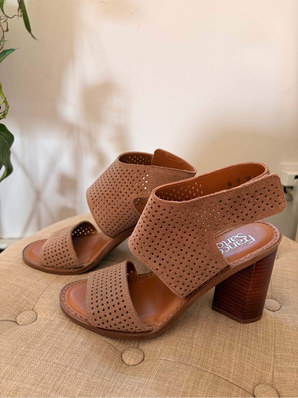 Franco Sarto Tan Suede Perforated Block Heel Sandals